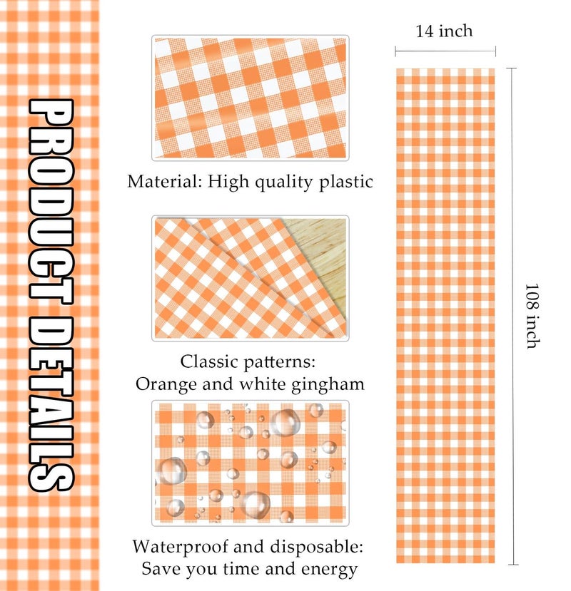 MUNILAIL 3 Pcs Orange and White Checkered Table Runner Plastic 14 x 108 Disposable Orange Gingham Table Runner for Thanksgiving Birthday Wedding Baby Shower Party Table Centerpiece Decorations - Image 3